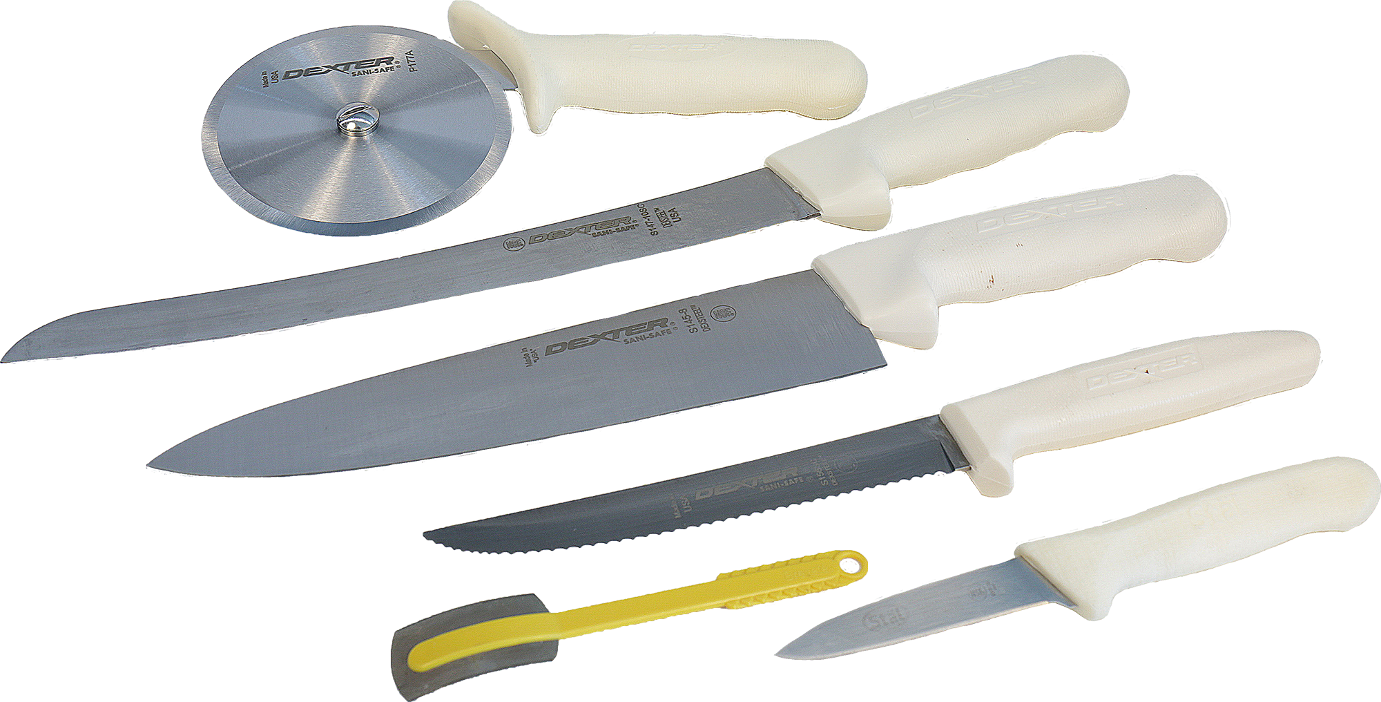 From Back to front, a pizza wheel with a white handle and circular stainless-steel cutter. Long serrated knife with a stainless-steel blade and white handler. 10’’ chef’s knife with a white handle and stainless-steel blade. Shorter, serrated, utility knife with a white handle followed by dough slicer with a yellow slim handle topped with a stainless-steel razor blade. Lastly, a pairing knife with a white handle and stainless-steel blade.