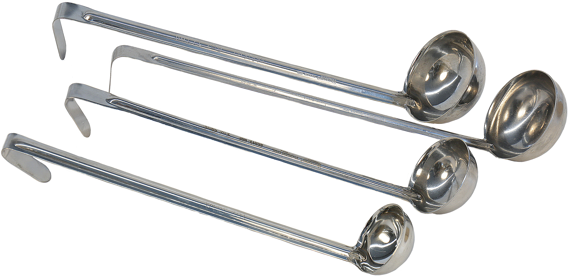 Ladles of various ounces sizes. Long stainless-steel handle with a hooked end for hanging. A rounded bowl shape at the other end for holding liquids.