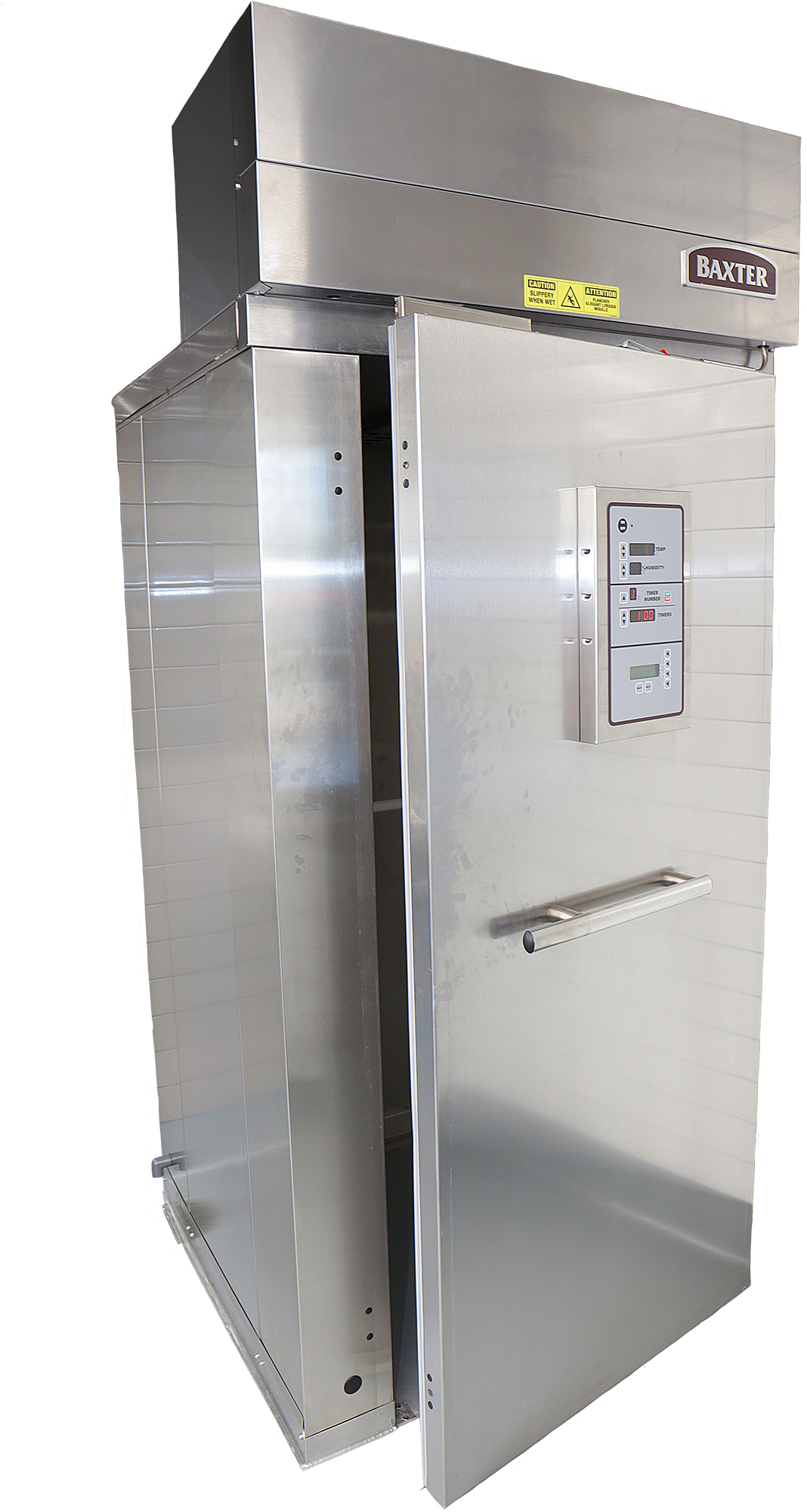 Large unit made of stainless-steel. 8 ft. tall. Stainless-steel handle in the middle of the door. And a control panel top center with a grey color.