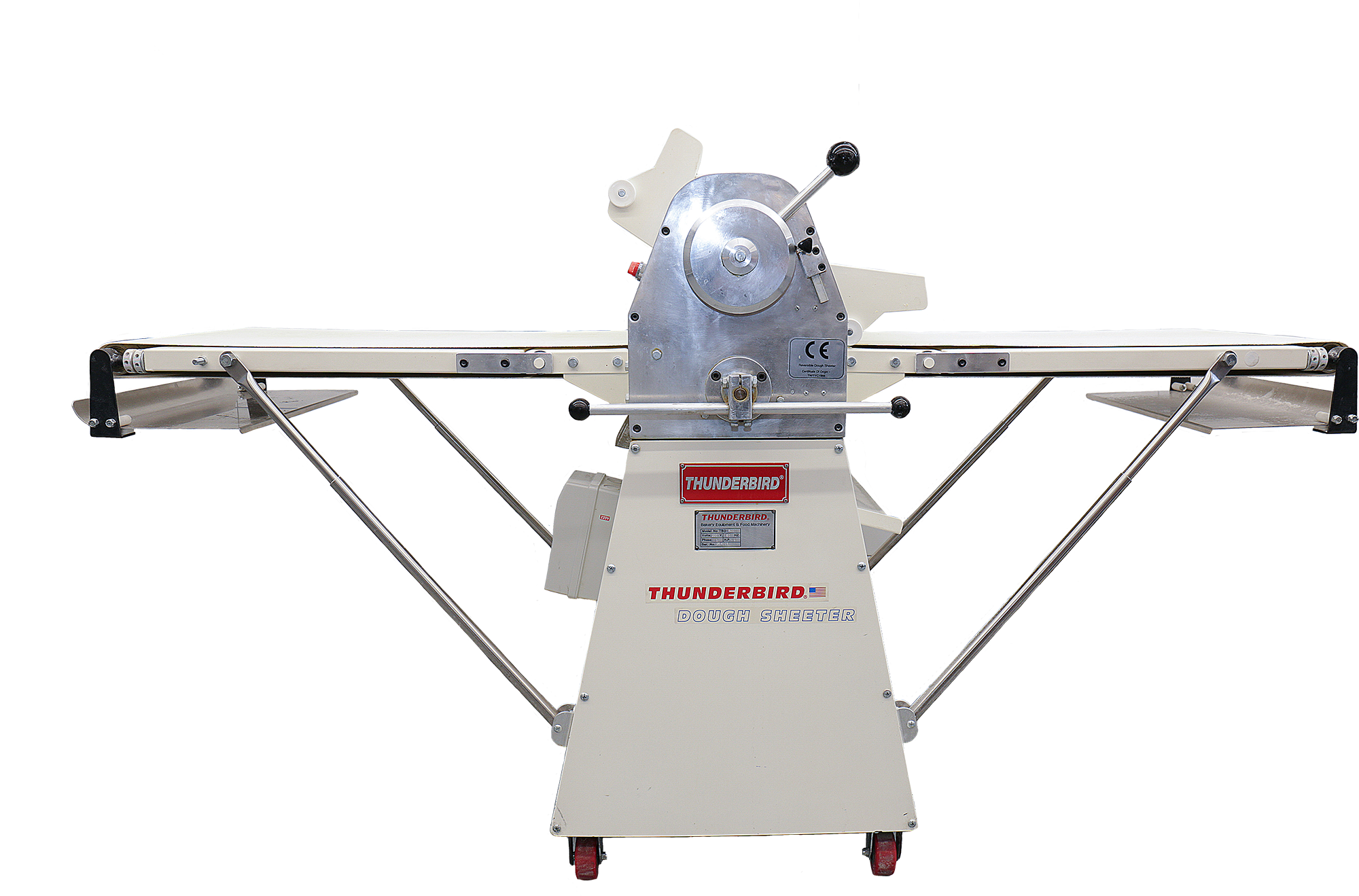 Dough sheeter with its conveyor belts extended.