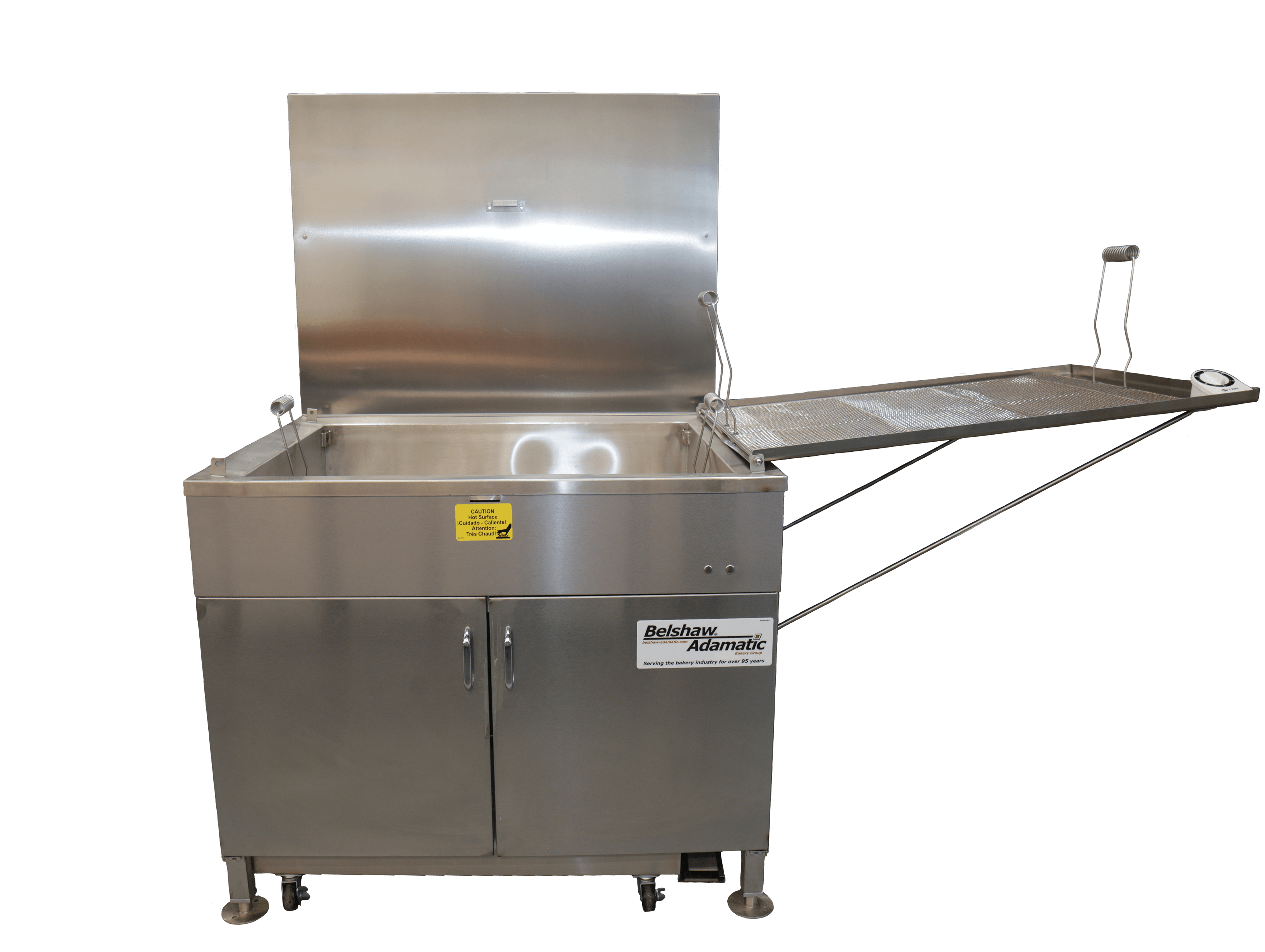 Square in shape and stainless-steel. Larger doughnut fryers are best for making doughnuts in quantity.