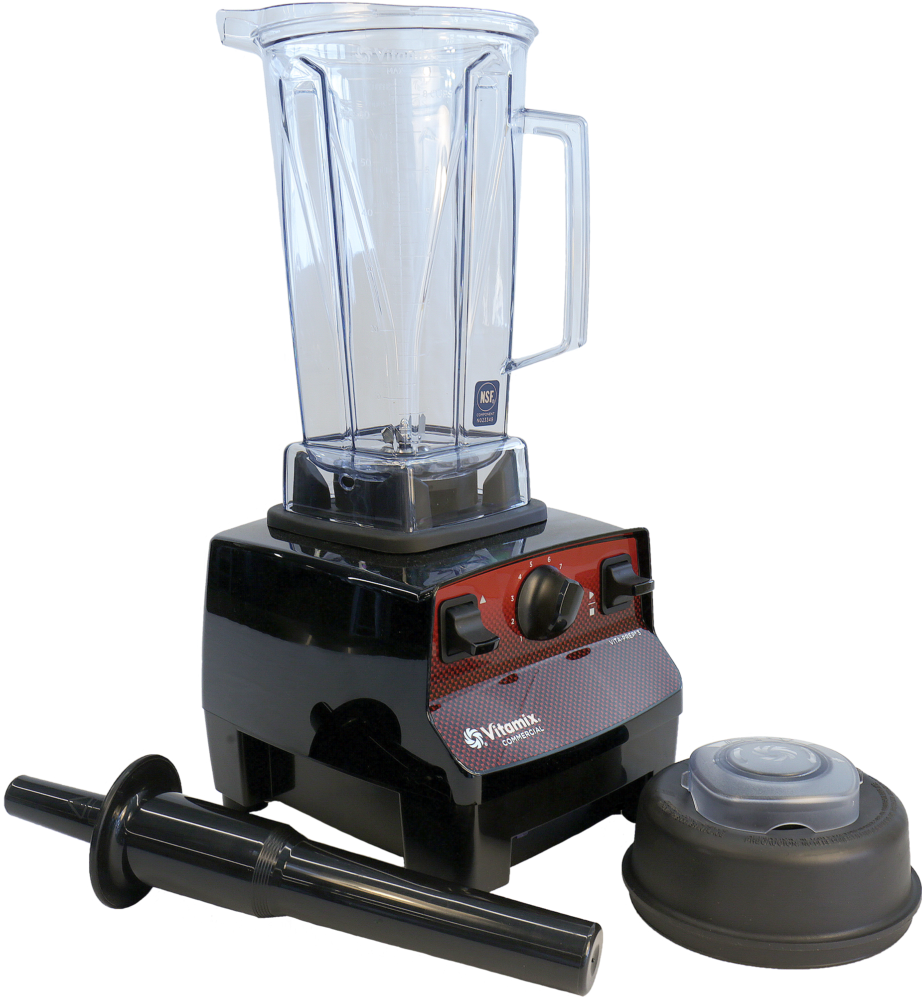 Blender with its lid and tamping accessories.