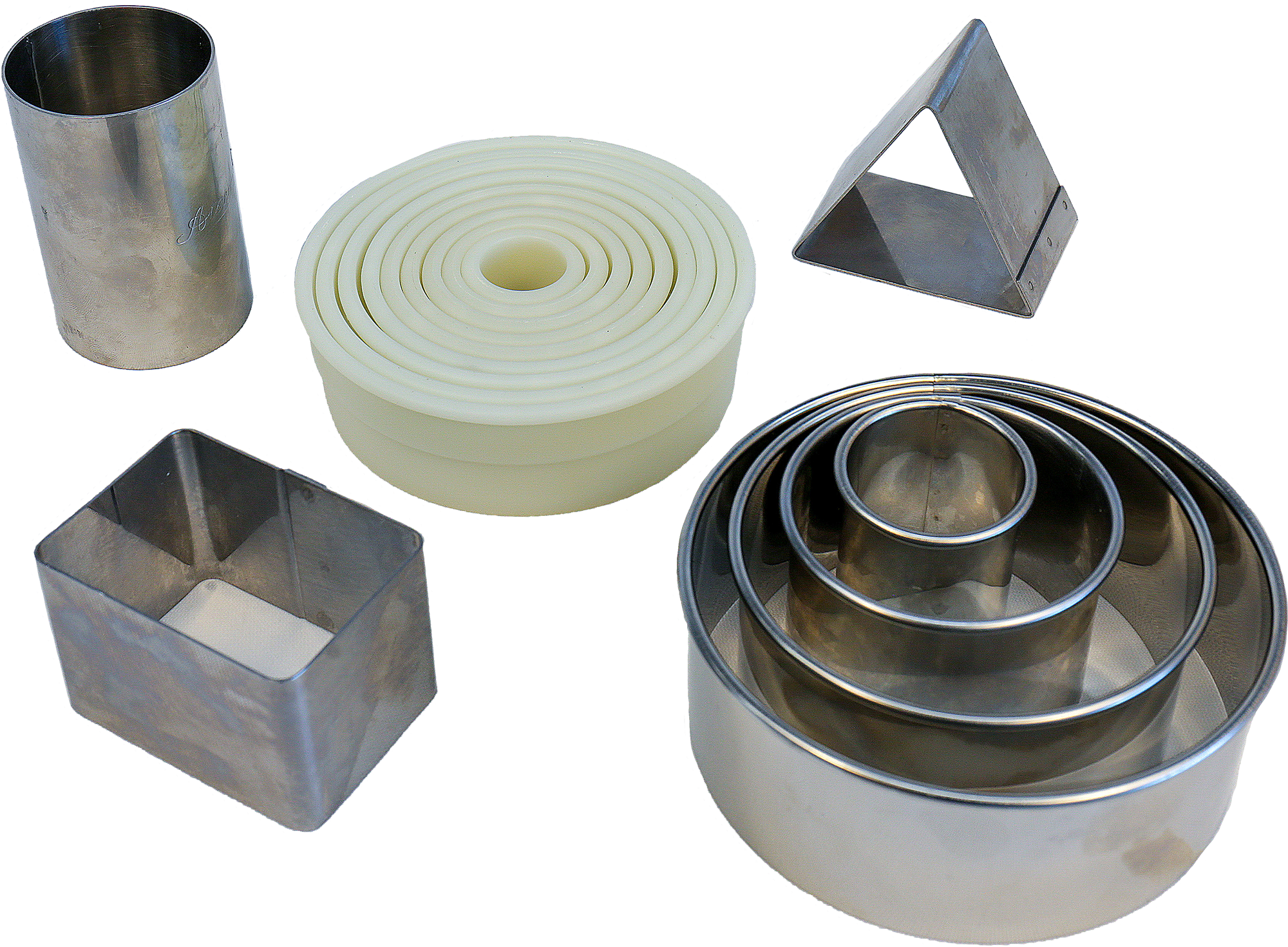 Plastic and stainless-steel dough cutters of various shapes and sizes, including round, triangular, and rectangular.