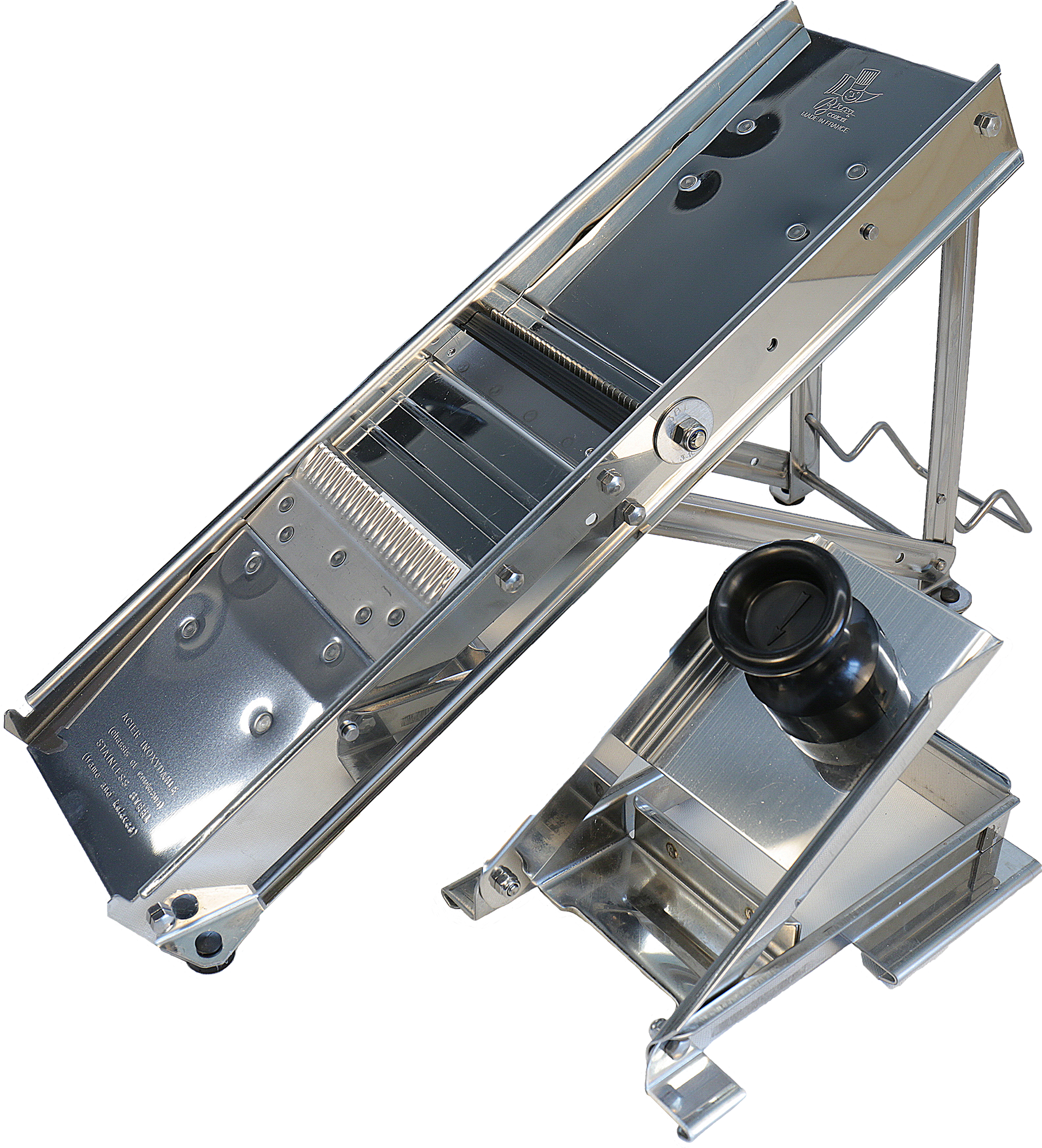 A standing stainless-steel mandoline with its blade guard in the forefront.