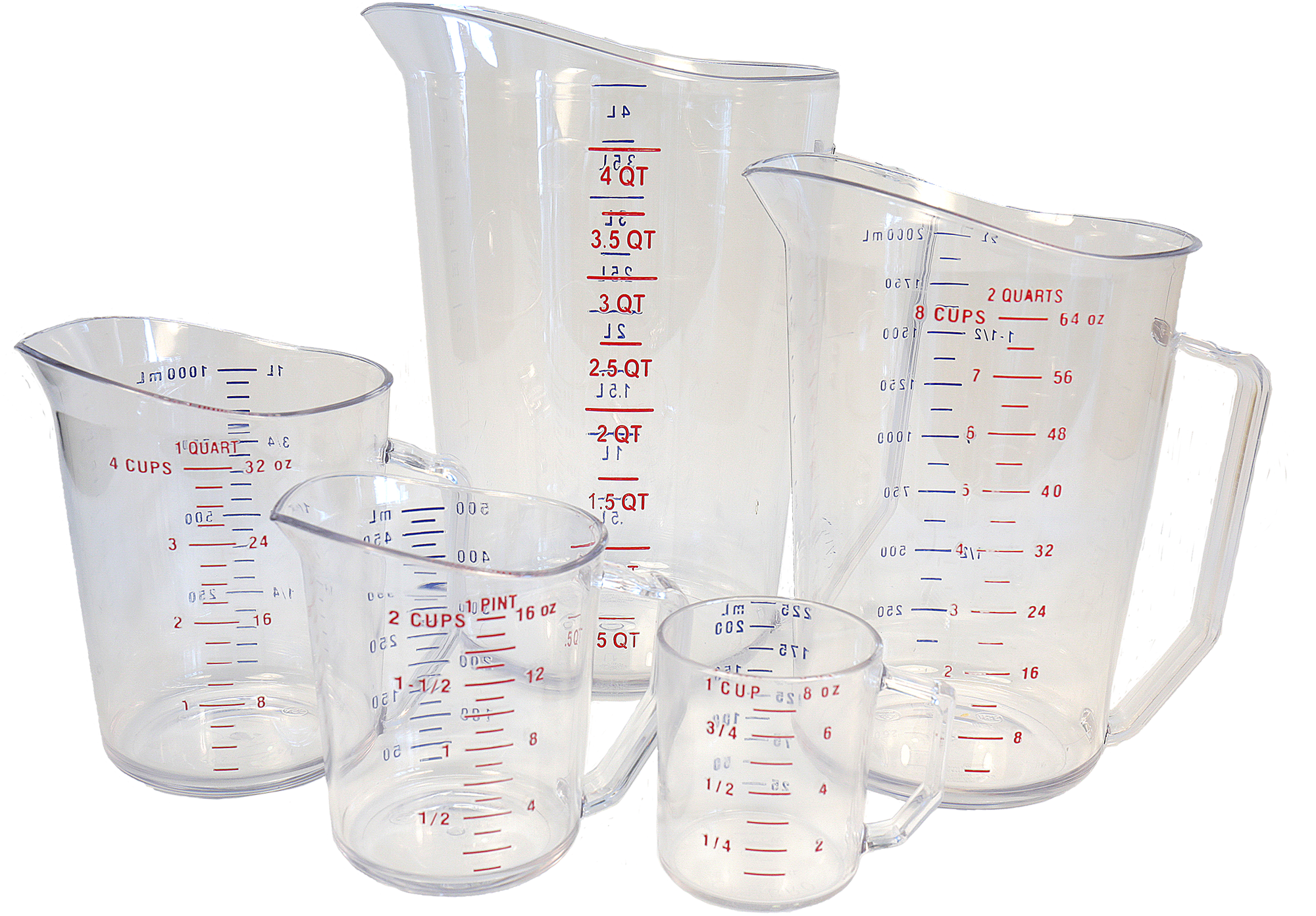 5 fluid measuring containers. 1 gallon, 2 quarts, 4 cups, 2 cups, 1 cup.