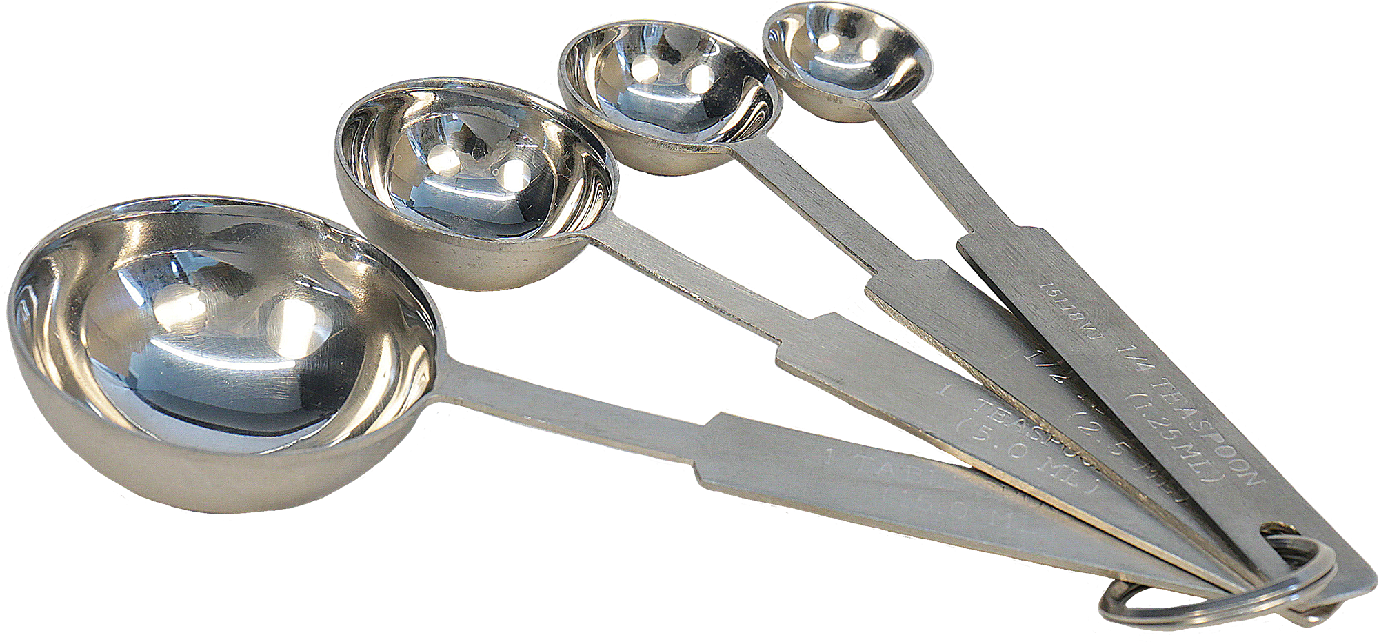 A set of measuring spoons, stainless-steel, spread apart at the connecting rings. From right to left, tablespoon through 1 quarter teaspoon.