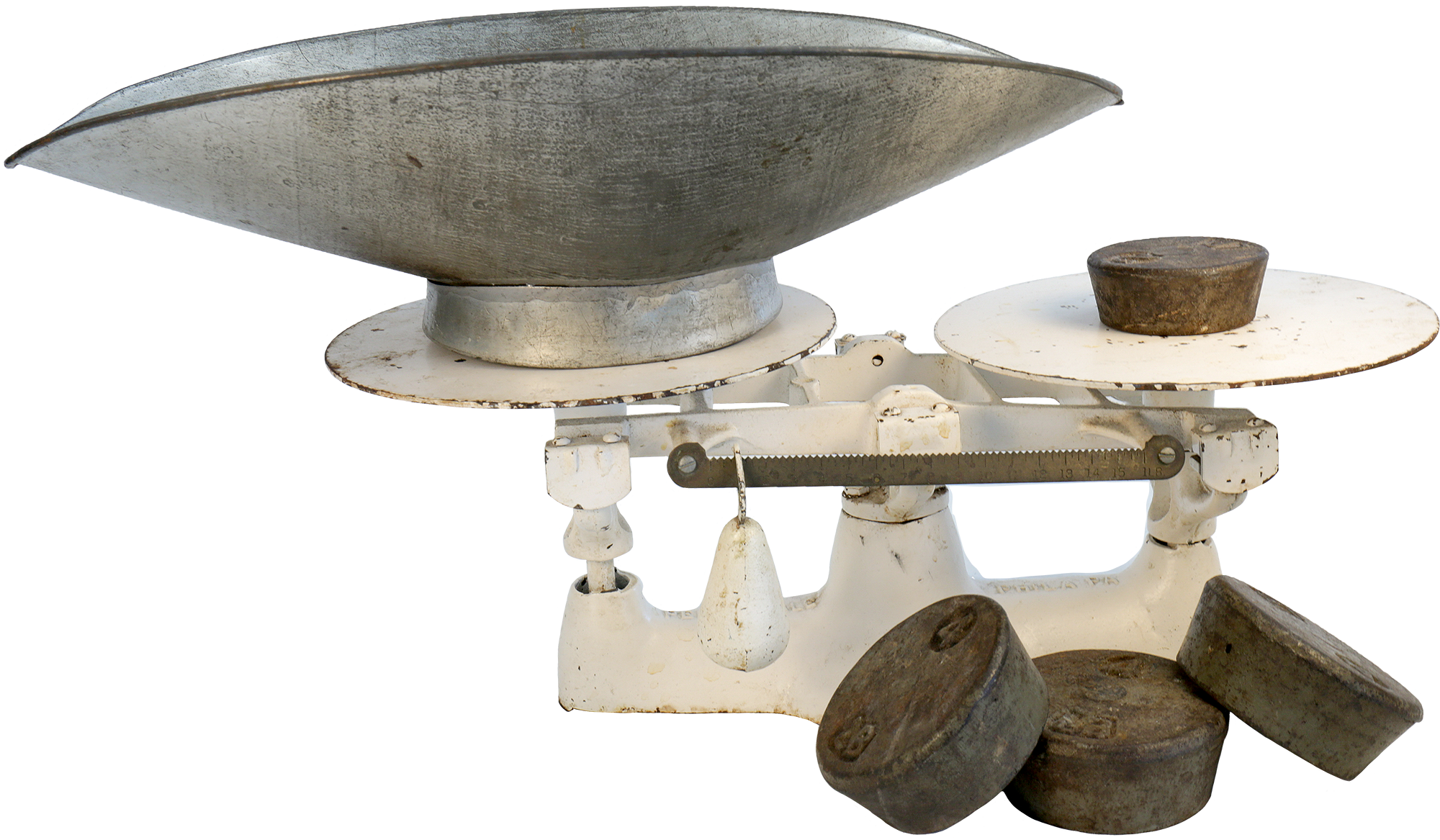 Balance beam scale with the holding container on the left arm and an ounce weight on the right arm. Additional weights in the front.