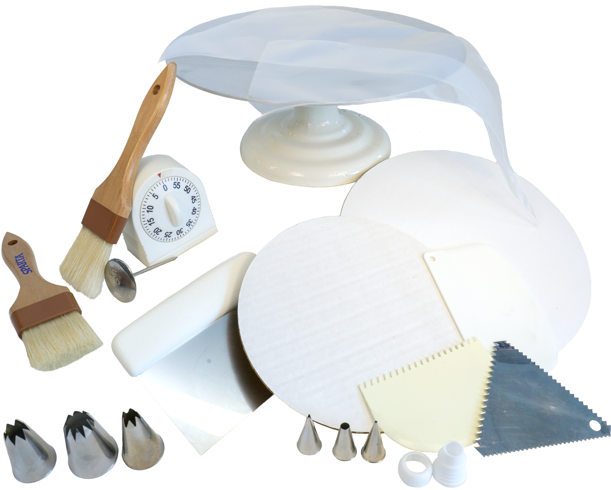 A cake turntable, pastry brushes, timers, stainless-steel star tips, bench scraper, bowl scraper, triangular cake comb, and cake boards.