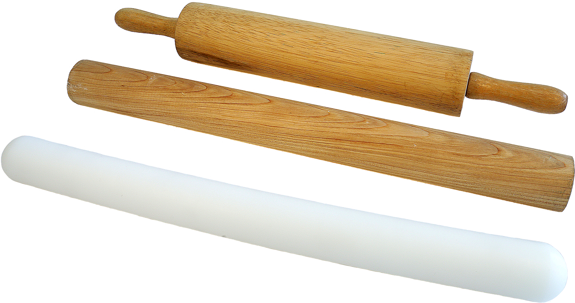 3 rolling pins, two wooden and 1 plastic.