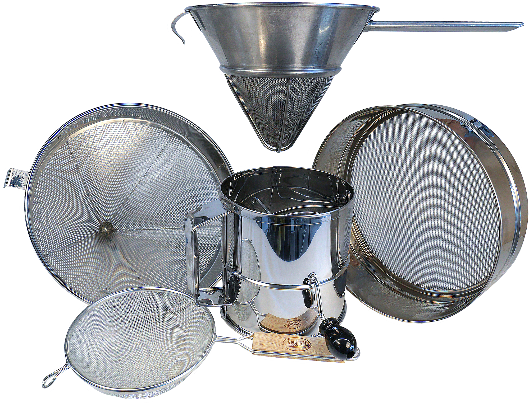 Various styles and sizes of sifters and strainers. Chinois, china cap, small rounded, flours sifter, and tamis.