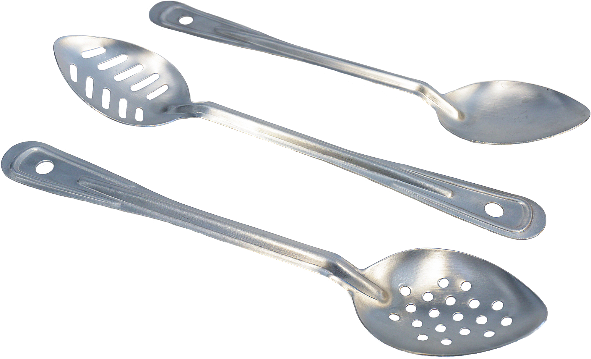3 styles of service spoons. A solid, slotted, and perforated.