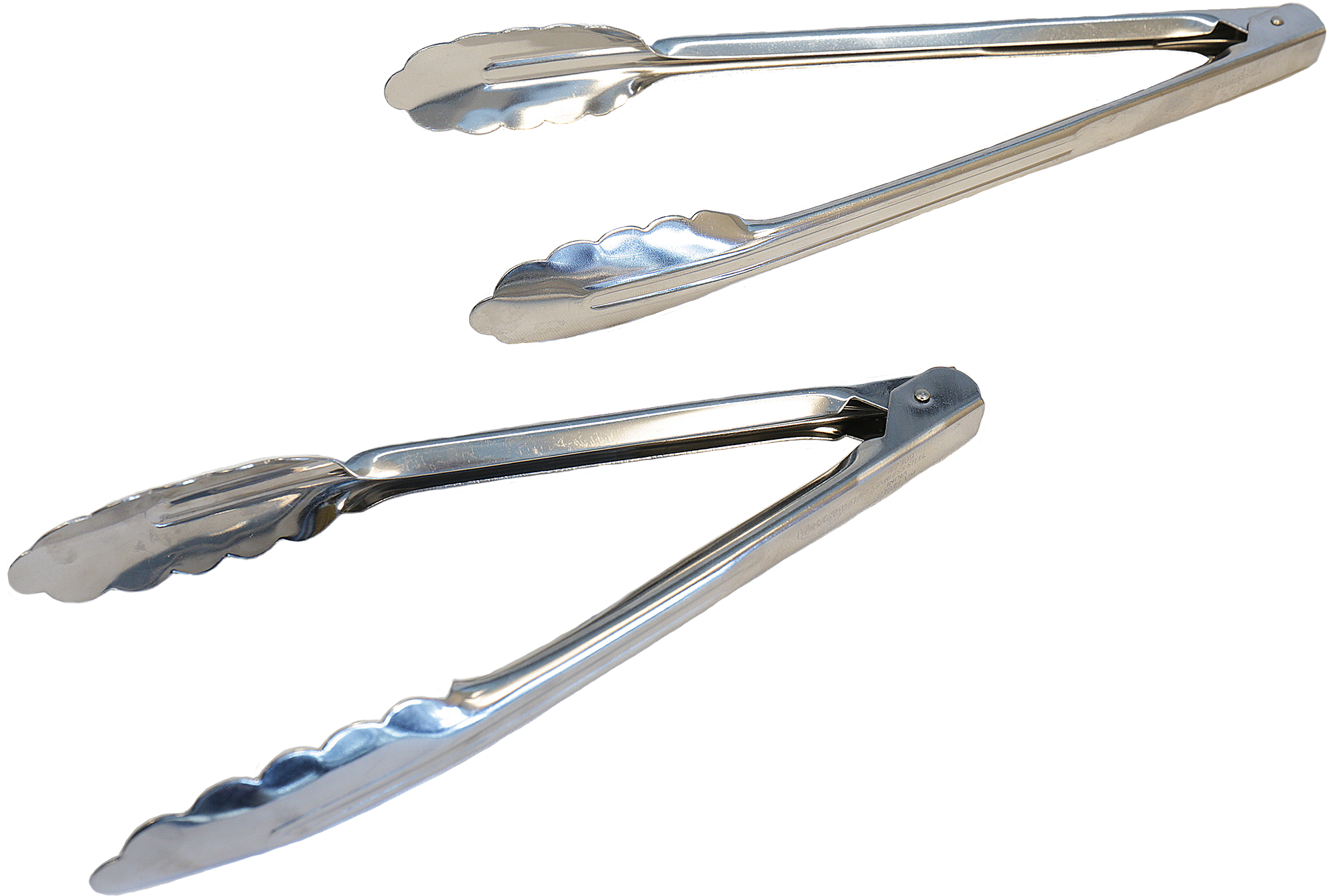 Two types of stainless-steel tongs. Heavy gauged and a thinner gauge metal.