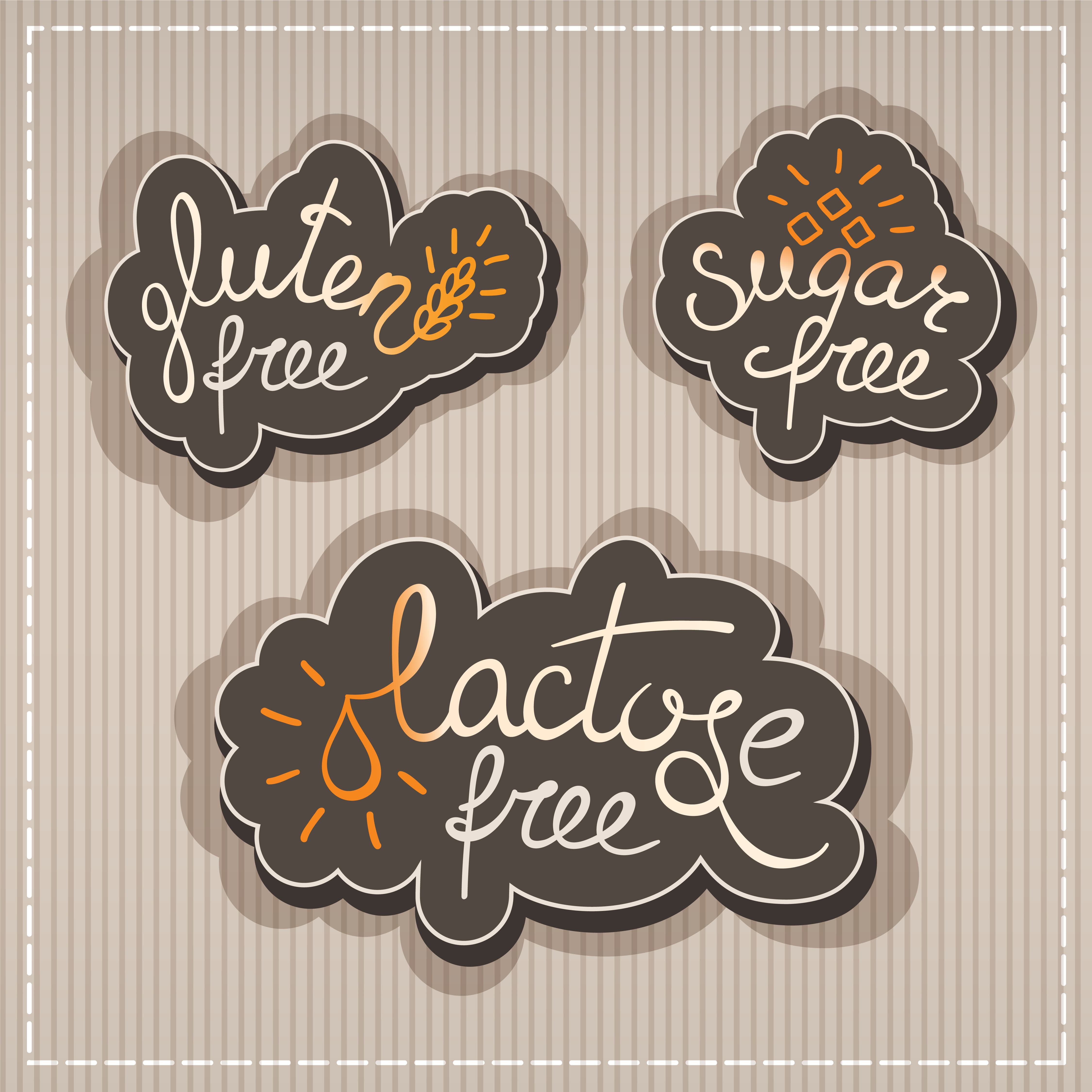 Handwritten gluten, lactose, sugar free labels.