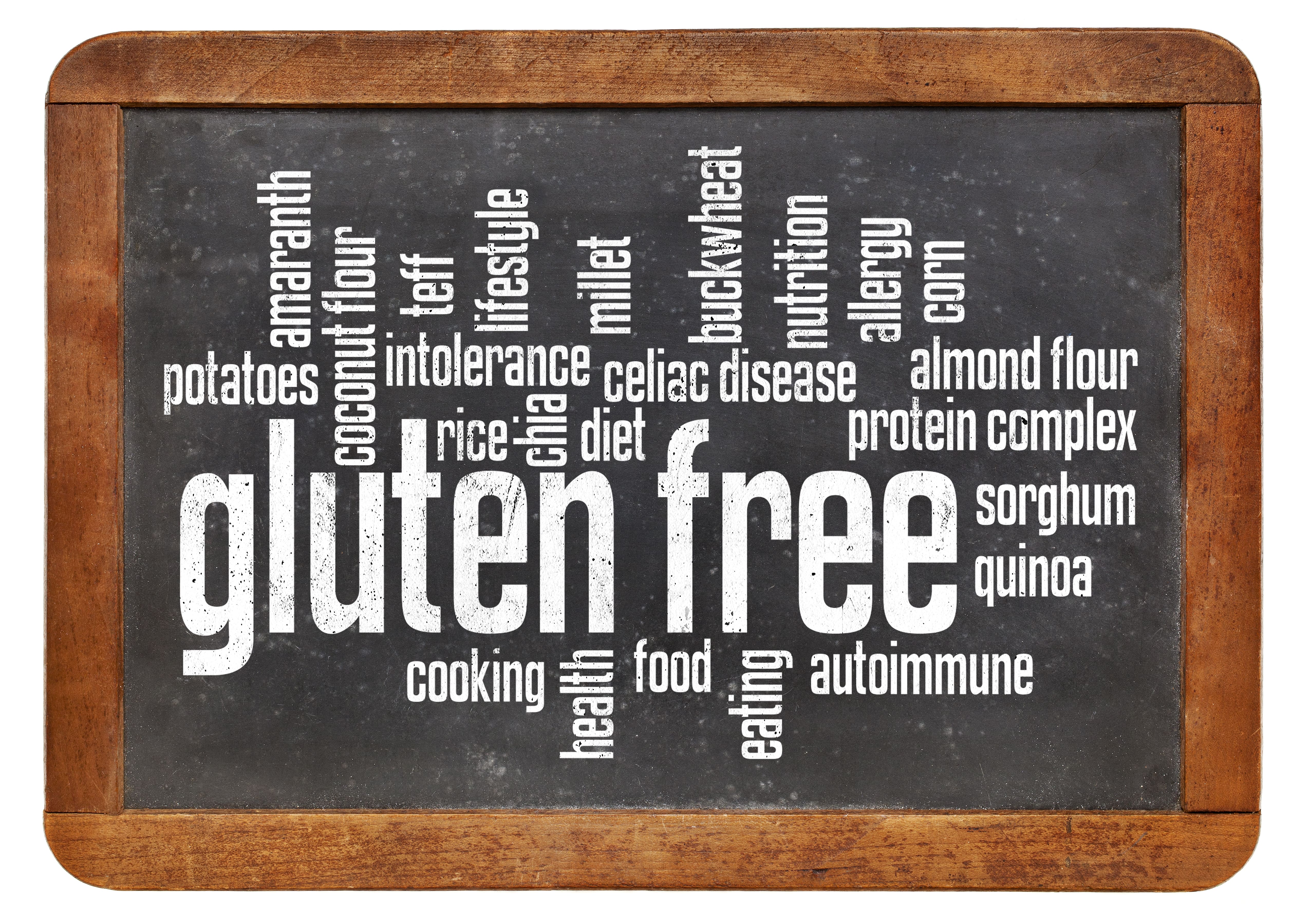 Gluten free food word cloud on a vintage slate blackboard isolated on white.