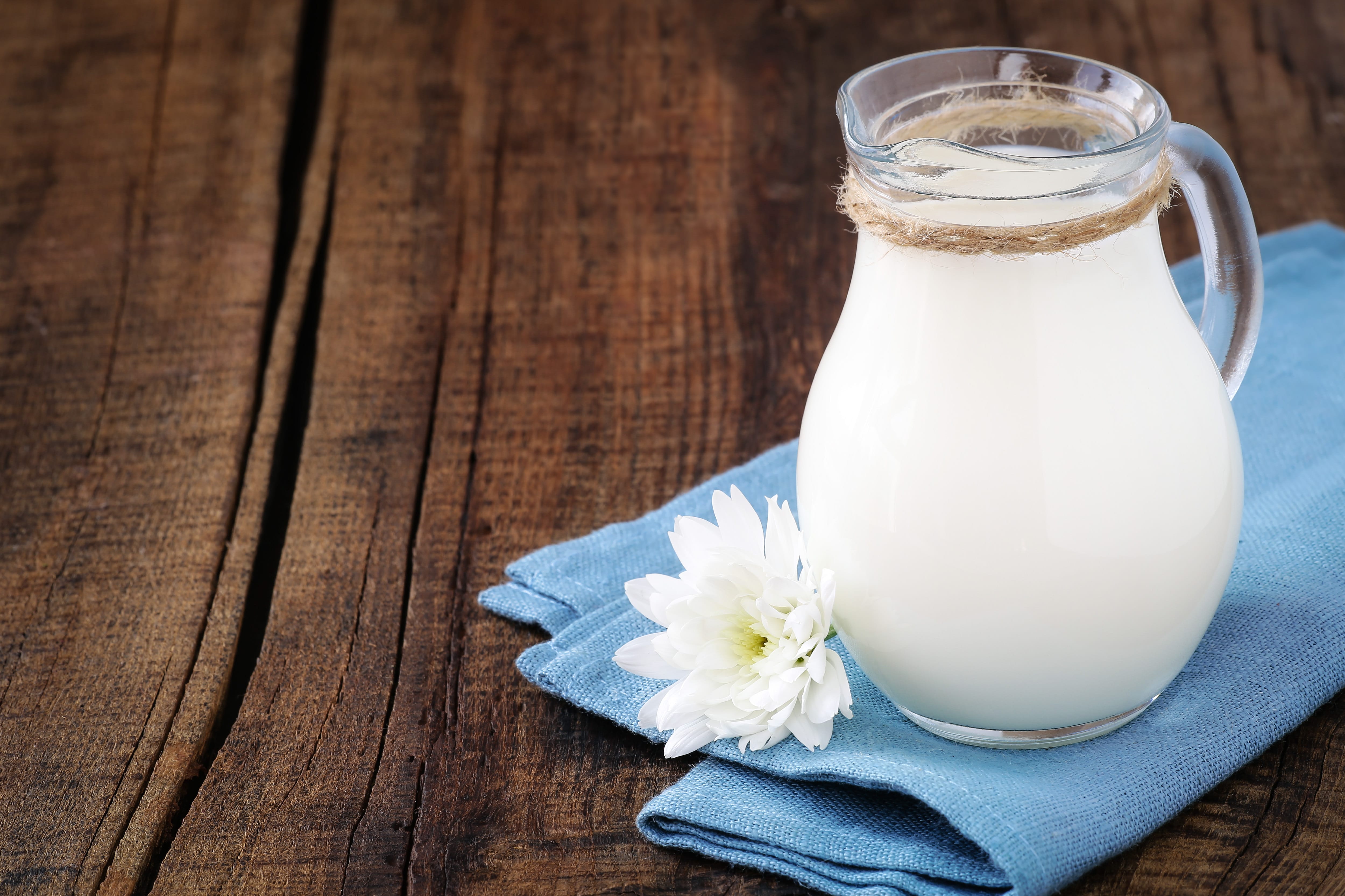Fresh cream in a glass jug on a blue napkin with a chrysanthemum flower against dark rustic wooden background
