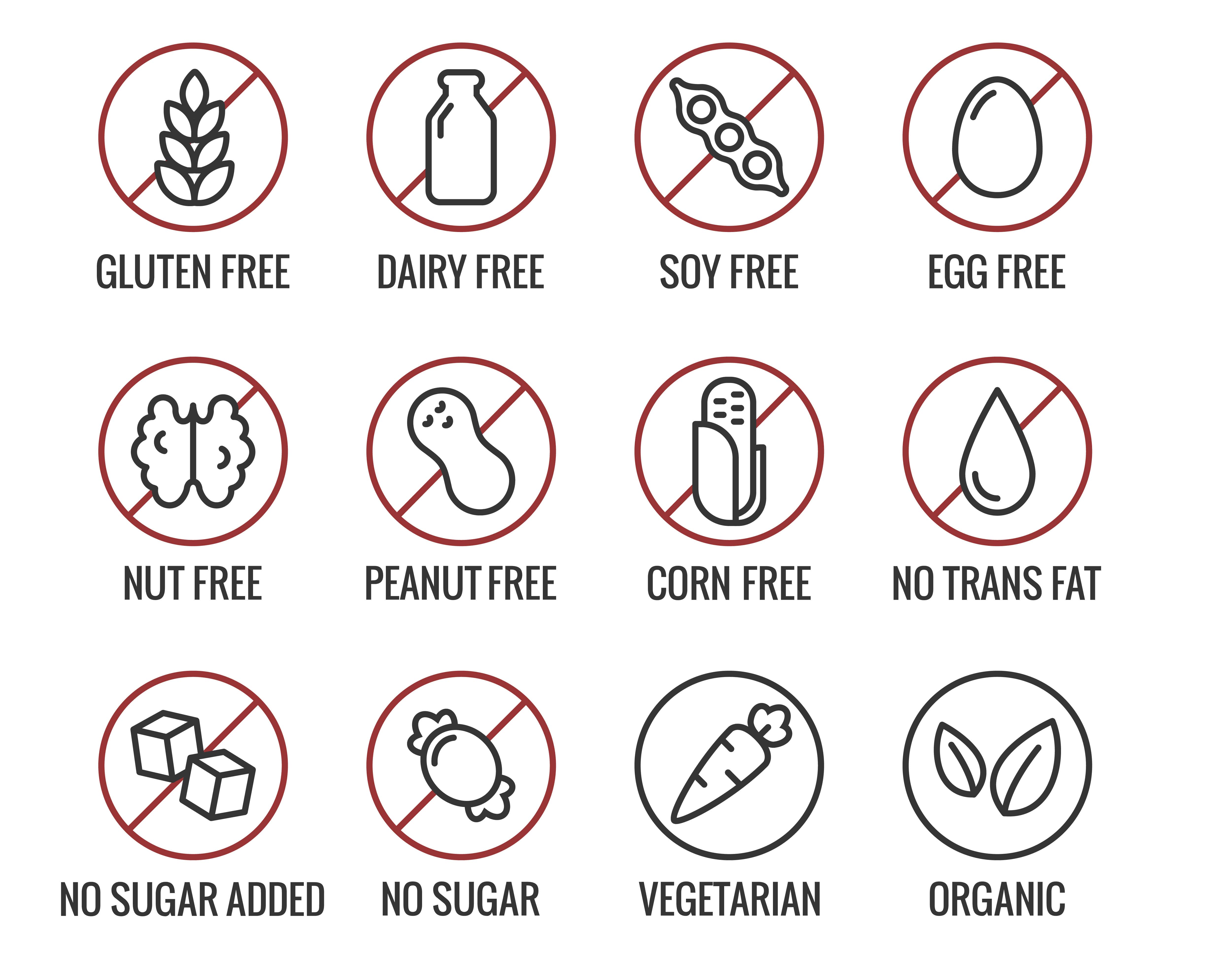 Set ingredient warning label icons. Common allergens (gluten, lactose, soy, corn and more), sugar and Trans fat, vegetarian and organic symbols.