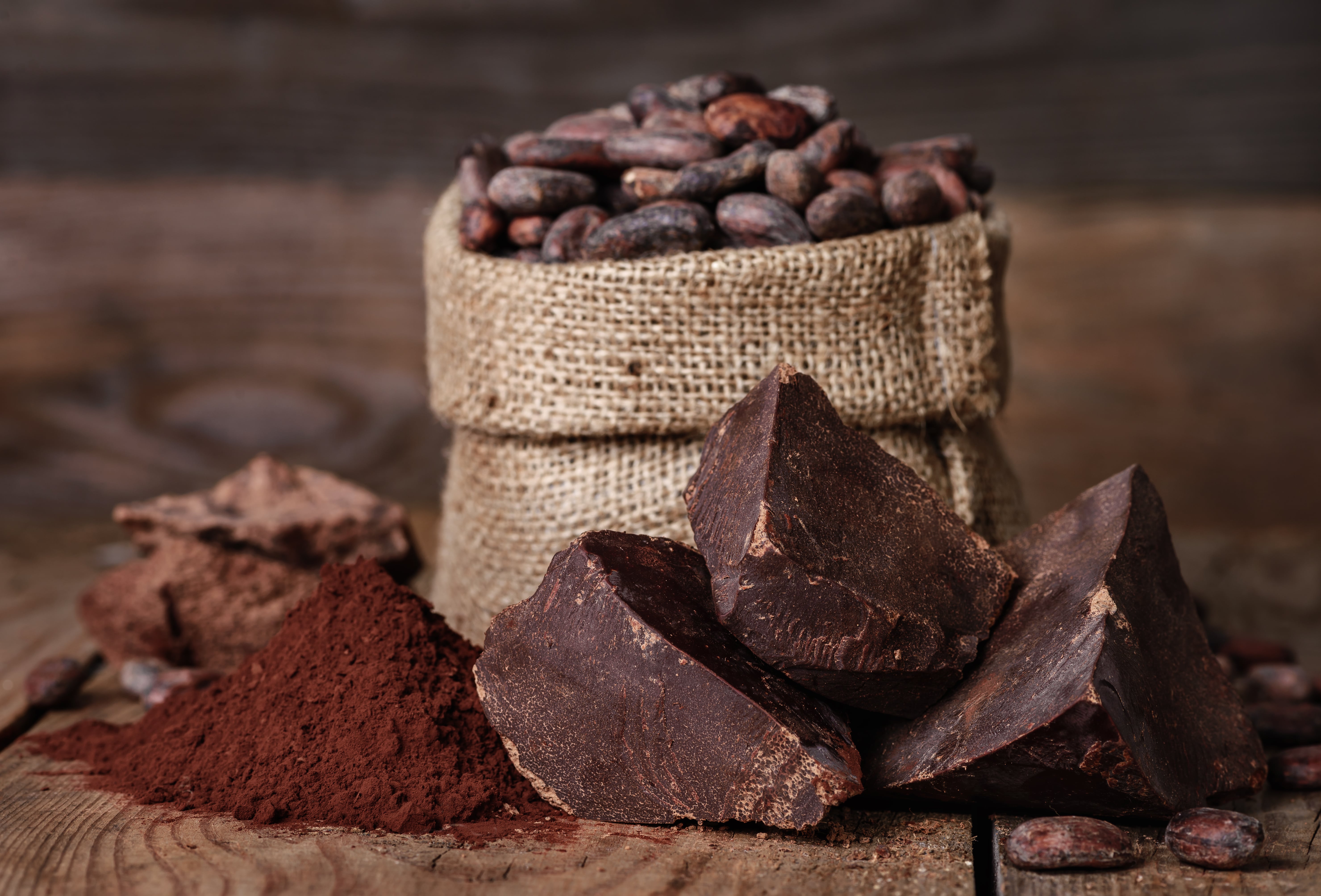 Unsweetened baking block chocolate, Cocoa powder and cocoa beans on old wooden background.